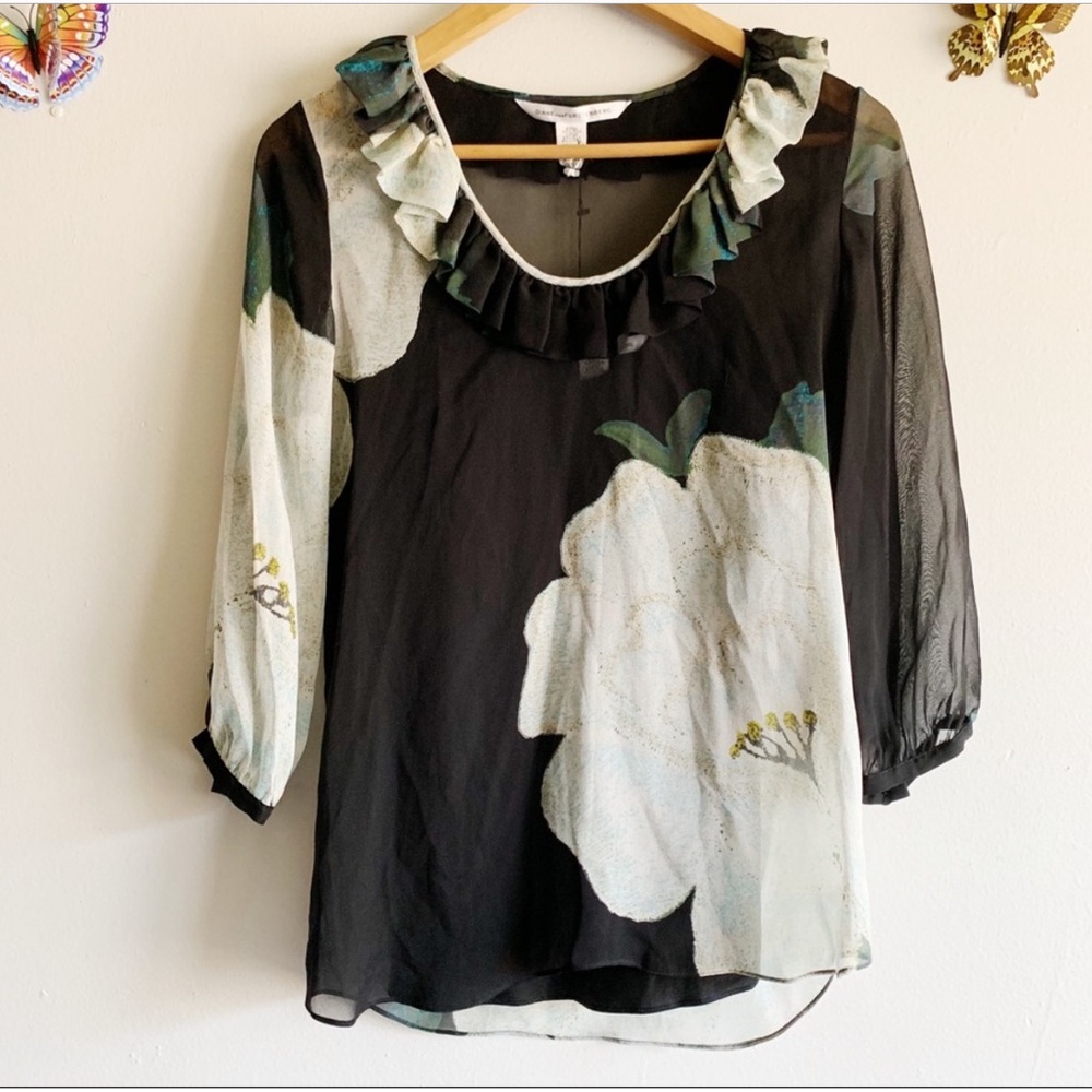 DVF 100% Silk Black and White Floral Blouse